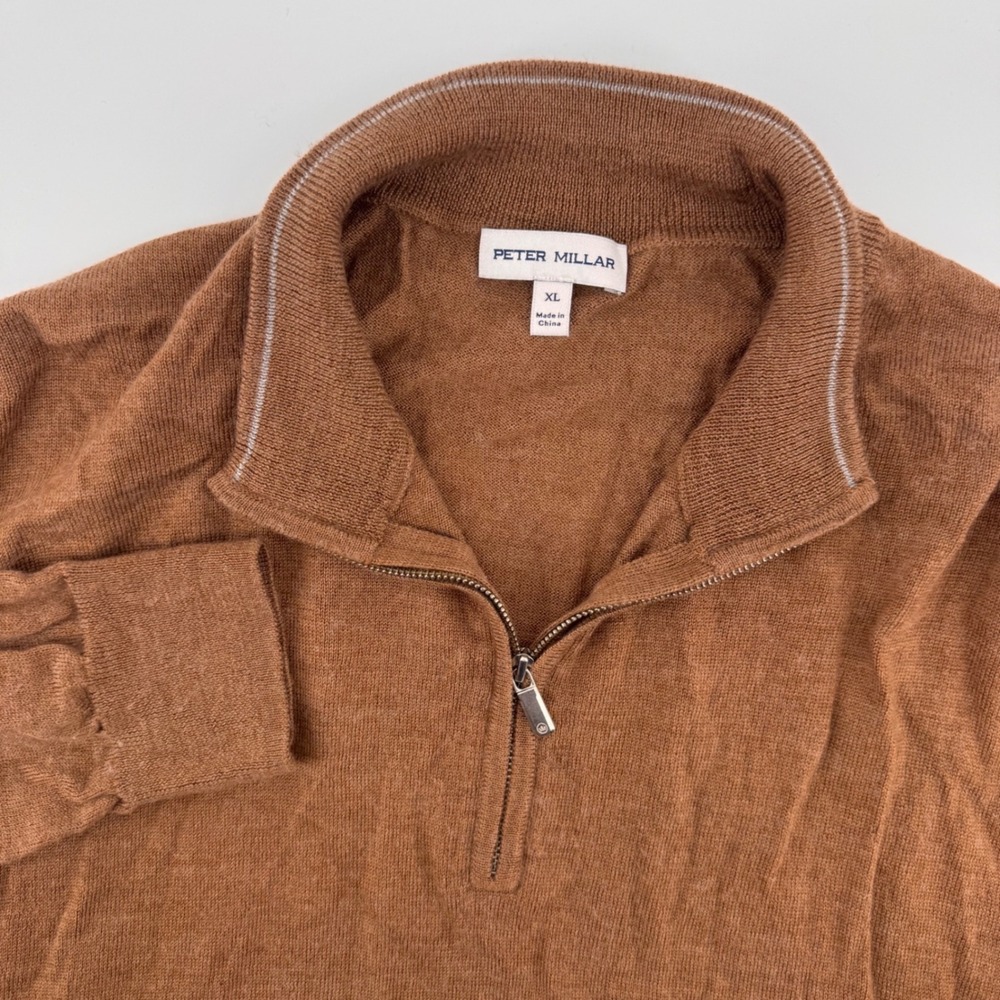 Peter Millar Quarter Zip Sweater Mens XL Brown Merino Wool Lyocell Lightweight